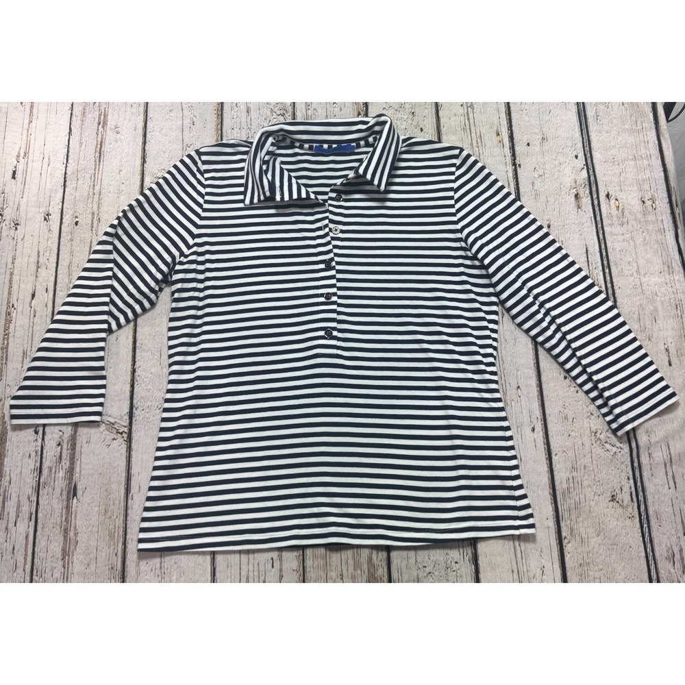 J. McLaughlin Top Coastal Preppy Women Navy Striped 3/4 Sleeve Resort Nautical L